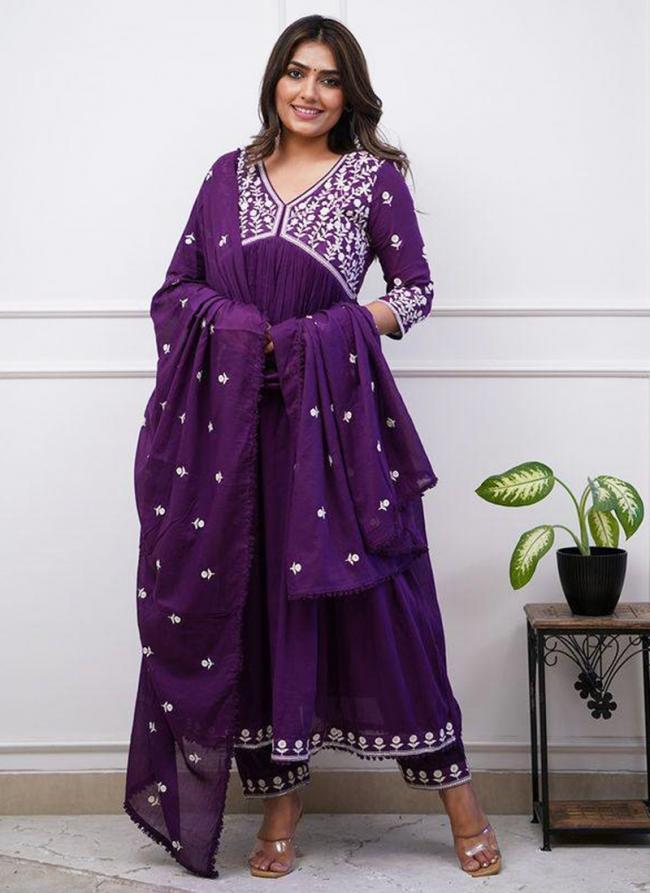 Vichitra Silk Purple Traditional Wear Embroidery Work Readynade Anarkali Suit